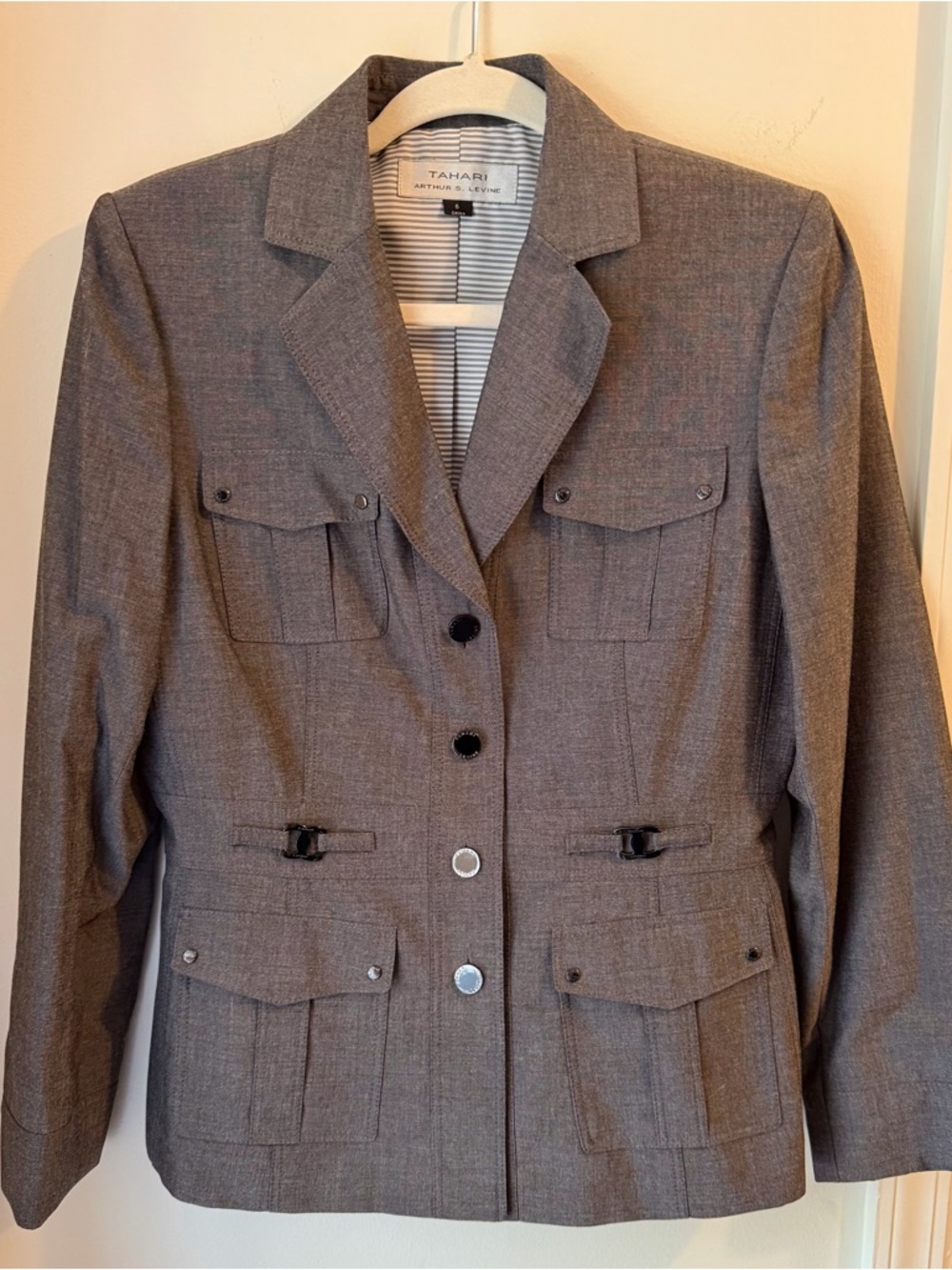 Tahari Brown Tailored Utility Blazer with Pocket Details